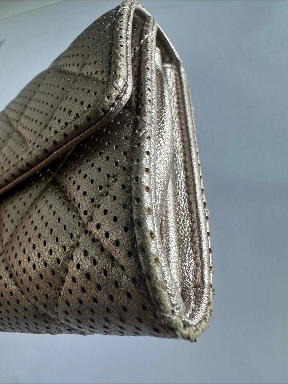 CHANEL Metallic Champagne Perforated Quilted Long Wallet + Unbranded WOC Kit